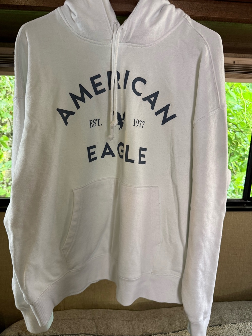 American Eagle White Pullover Hoodie with Navy Logo Tag